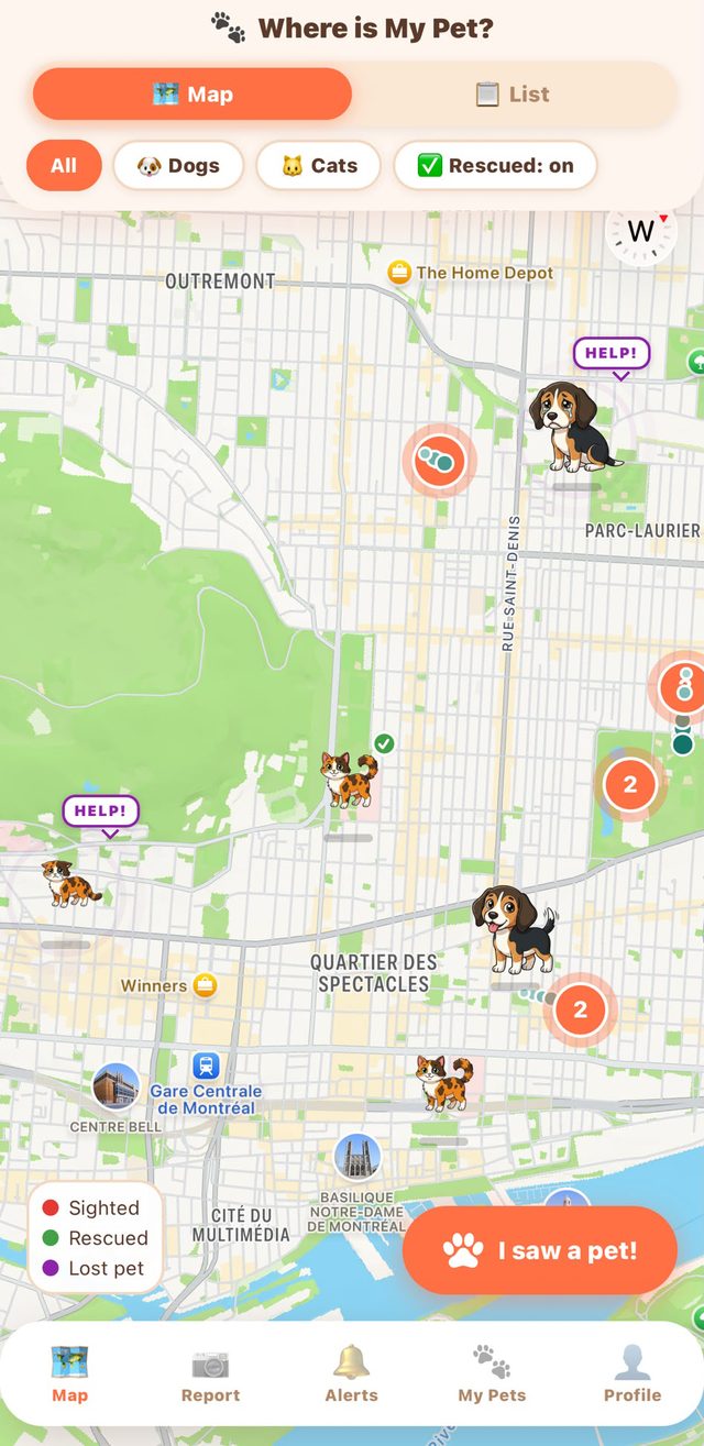 Community map with pet sightings, trails and lost pets in Montreal