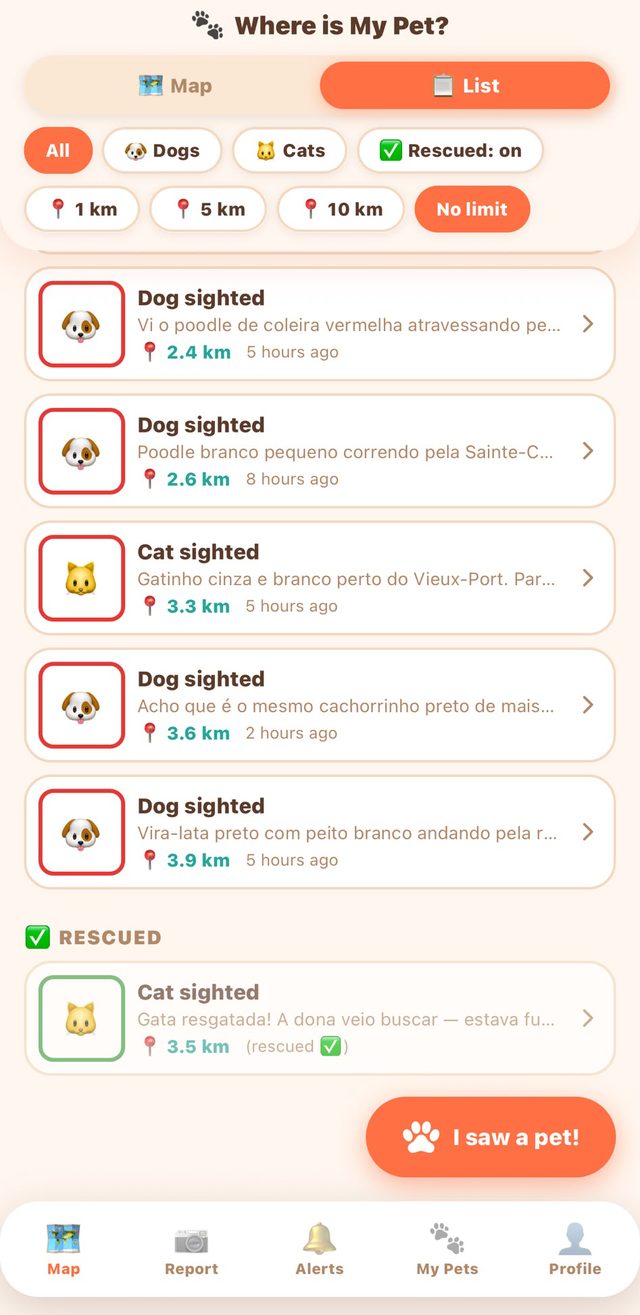 List view with distances and radius filter